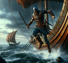 Dragon boat, Viking ship of the Vikings on a raid, a warrior jumps ashore, AI generated, AI