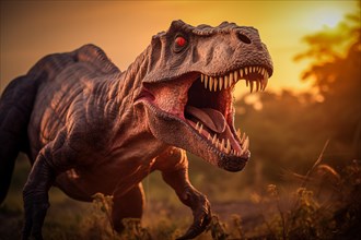 Tyrannosaur rex roaring in a prehistoric forest with lush vegetation, ferns and sunlight, AI