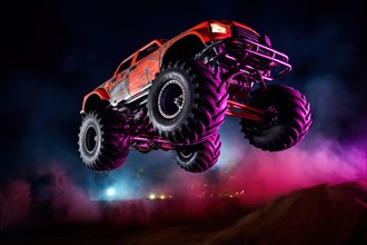 Monster truck with neon lighting, jumping off-road outdoors in cloud of dust, during a night event,