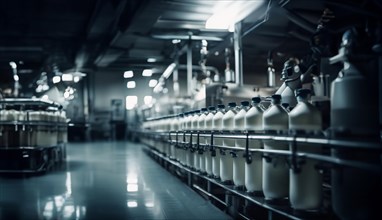Plant for the production of milk and dairy products, conveyor belt with bottles of milk, AI