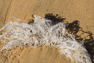 Material from a discarded fishing net left laying on a sandy beach