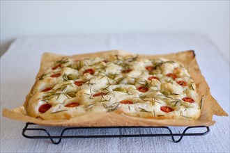 Homemade Italian flatbread Focaccia with cherry tomatoes, olives and rosemary