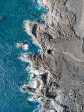 Aerial view of the rocky coast at the Salinas de Fuencaliente, La Palma, Canary Islands, Spain,