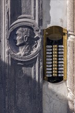 Relief of a bust of a Caesar on the entrance portal of a former palazzo, historic centre, Genoa,