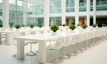 A minimalist, modern cafeteria with white tables and chairs, featuring small indoor plants AI