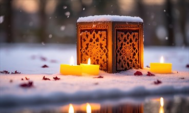Burning candles in the snow with rose petals on the background AI generated
