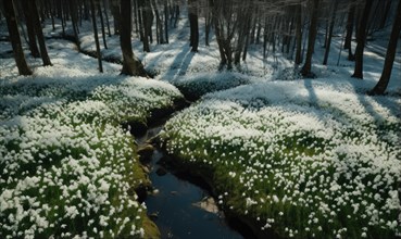 Aerial view of a forest river surrounded by a dense carpet of snowdrops AI generated