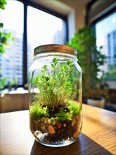 Bottle garden, mini biotope, eco system in a glass jar in a city flat, AI generated, room,