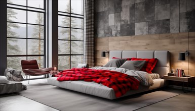 Cozy modern bedroom with large windows overlooking mountains and a striking red blanket on the bed,