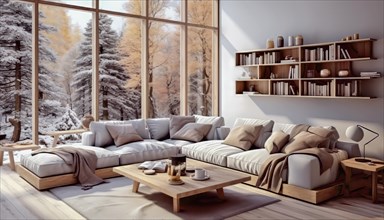 Cozy Scandinavian home interior modern living room with large windows overlooking an autumn forest,