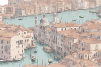 A vibrant painting capturing a bustling venetian italian cityscape, showcasing numerous buildings