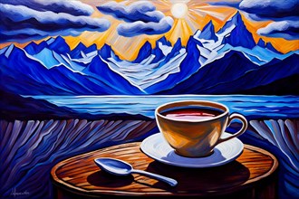 Painting capturing a cup of tea on a table on a terrace face beautiful landscape of Andres