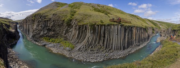 Studlagil Canyon, basalt columns, largest collection of basalt columns in Iceland, panoramic photo,