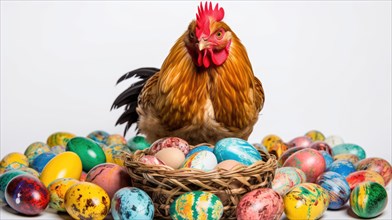 A rooster stands atop a wicker basket surrounded by a collection of colorful painted Easter eggs AI