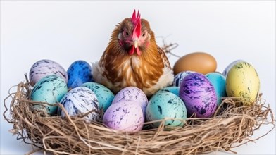 Hen in a nest with blue speckled Easter eggs AI generated