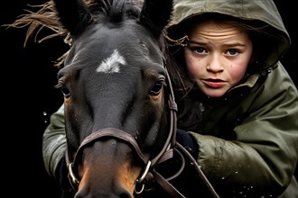 Closeup picture of little girl ridding the horse. little girl in a raincoat with a horse on a black