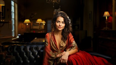 Beautiful young woman dressed in a red dress, sitting in a salon on a black leather sofa, AI