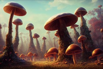 A mysterious forest with large, fairytale-like mushrooms at sunset, Mushroom Village, AI-Generated