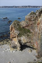 Pointe de Dinan, Crozon, behind Pointe de Pen Hir with the rocks Les Tas de Pois, Crozon peninsula,