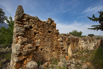 Stone ruins surrounded by trees and a cloudy sky, Aradena Gorge, Aradena, Sfakia, Crete, Greece,