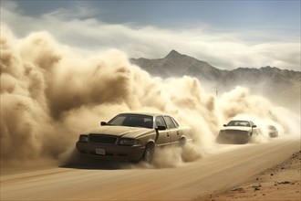 Cars racing through a desert sandstorm, AI Generated, AI generated