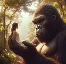 The fictional giant ape King Kong holds a young woman in his hand and looks at her with interest,