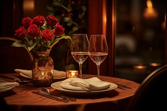 Table prepared for Valentine's Day dinner with red roses, and wine glasses filled, lit candles, and