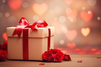 Gift adorned with a red ribbon, accompanied by vibrant red roses, set against a backdrop of soft