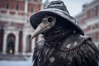Person dressed as a plague doctor, adorned with the iconic crow mask, amidst the snowfall at the