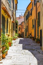 Narrow cobbled alley between houses with pastel-coloured facades, Sant'Ilario in Campo, Elba,