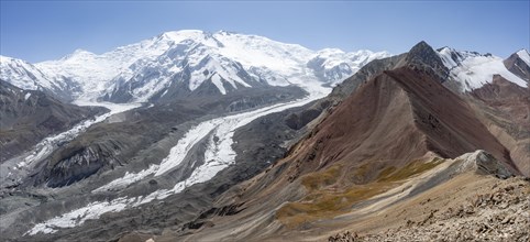 High mountain landscape with glacier moraines and glacier tongues, glaciated and snow-covered