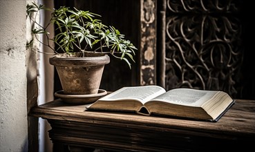 Open book on a rustic wooden table beside a potted plant with natural light AI generated