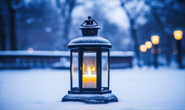 Lantern with a burning candle on a snowy winter night AI generated
