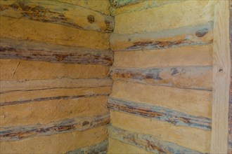 Interior corner of two walls of log cabin made of logs and held together with dried mud