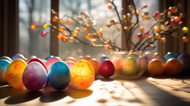 Colorful Easter eggs illuminated by warm sunlight on a windowsill, creating a festive and