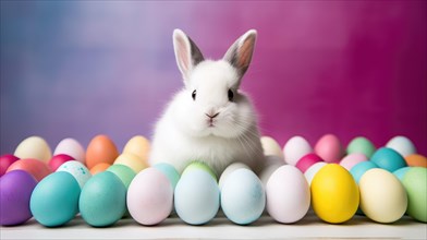 Easter bunny and colorful eggs on purple background. Happy Easter AI generated