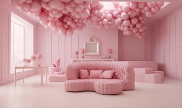 A stylish room with a ceiling covered in pink balloons and modern furnishings Children's room with