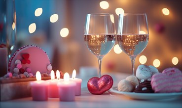 An intimate table with wine glasses, candles, and an assortment of chocolate sweets AI generated