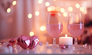 Romantic celebration setting with wine glasses and candlelit rose petals AI generated
