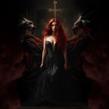 Red-haired woman in a black dress stands in a dilapidated church flanked by two demons,