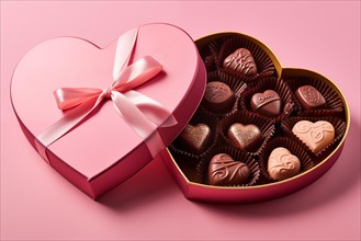 Heart-shaped box with a selection of finely crafted chocolates, perfect for Valentine Day, on pink