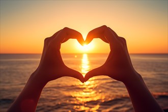 Two hands forming a heart shape, silhouetted against a breathtaking ocean sunset. Love and warmth