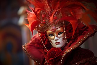 A person adorned in a richly detailed and colorful carnival costume, complete with an elaborate