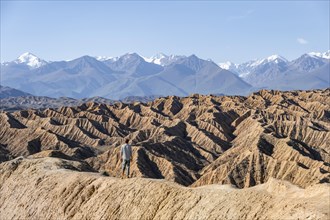 Hiker stands in front of canyons and eroded hills, Badlands, Valley of the Forgotten Rivers, near