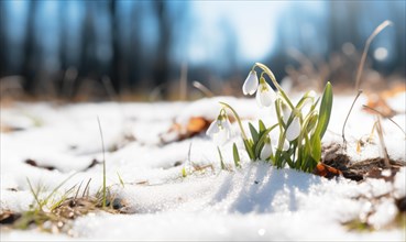 Beautiful snowdrop flowers growing in forest, closeup. Early spring. Selective focus, bokeh light
