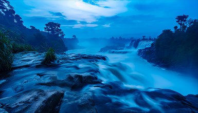 A serene twilight scene with a waterfall flowing from Inga fall in the democratic republic of Congo