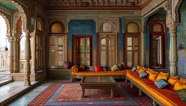 Traditional Indian lounge with ornate archways, vibrant cushions, and intricate designs exuding a