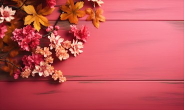 A rustic autumnal floral arrangement with berries on a pink wooden surface AI generated