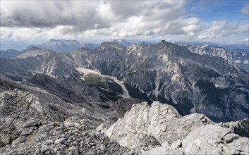View of Wimbachgries valley and mountain panorama with rocky mountain peak of the Hochkalter, at