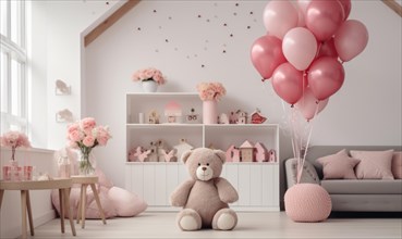 A cuddly teddy bear with pink balloons in a soft-decorated children's room Children's room with
